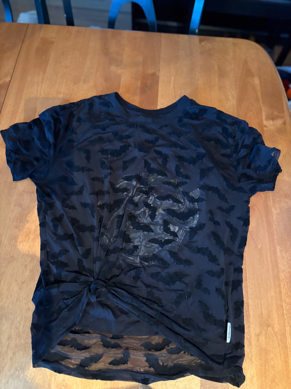Disney Oogie boogie from NBC Black Sheer Bat Pattern Tie-Front tshirt